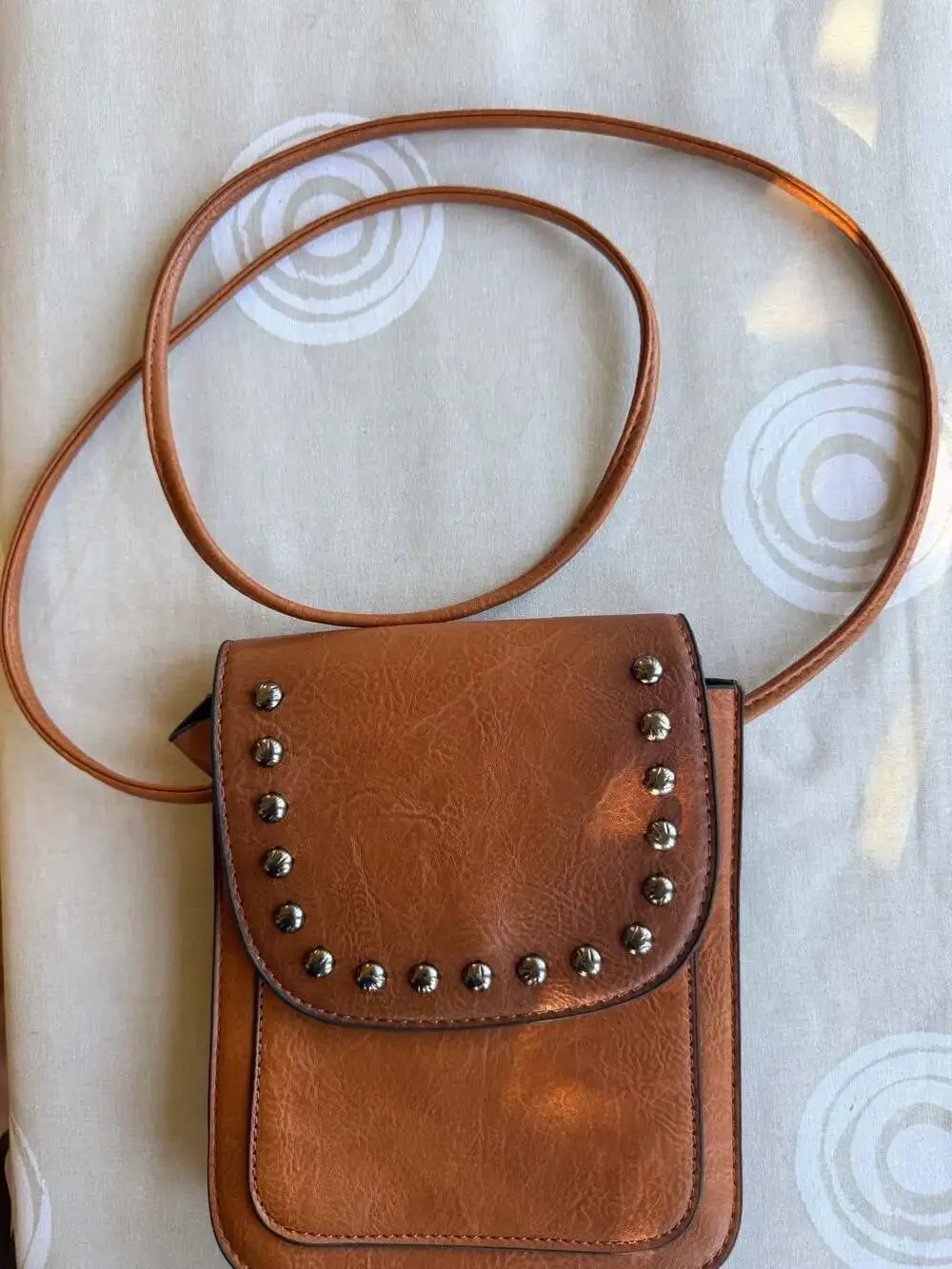 Brown Faux Leather Mini Studded Flap Crossbody Bag